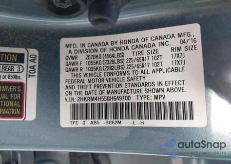 2016 Honda Cr-V Ex z USA, uszkodzony, nr VIN 2HKRM4H55GH649700